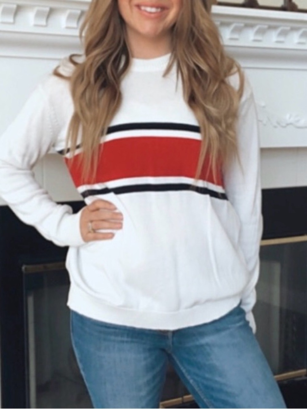 Brandy Melville Cream Sweater with Red and Navy Stripes made in Italy